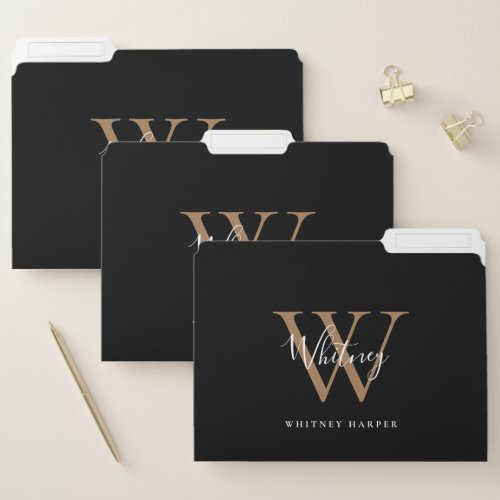 Elegant Script Monogram Black Gold File Folder