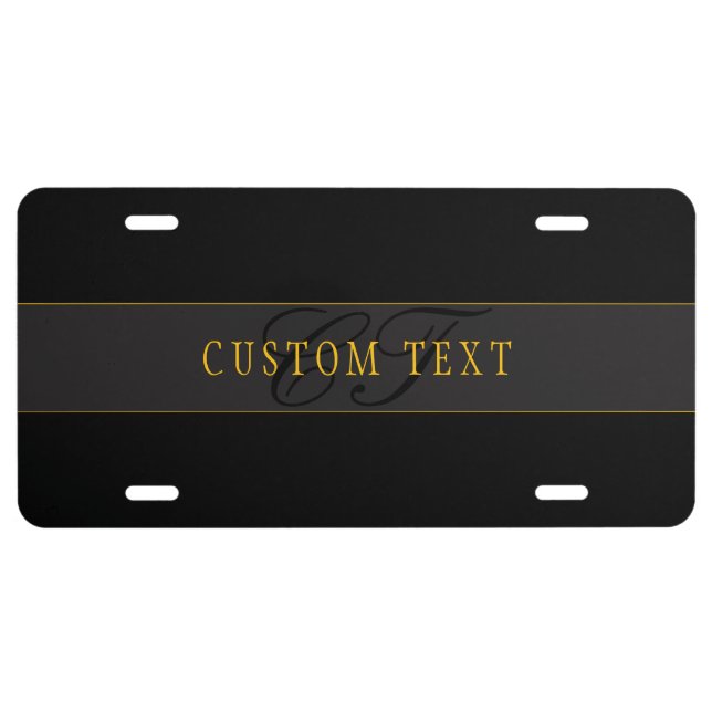 Elegant Script Monogram Black & Gold License Plate (Front)