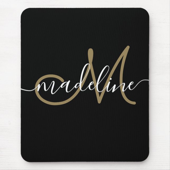 Elegant Script Monogram Black Gold Mouse Pad (Front)