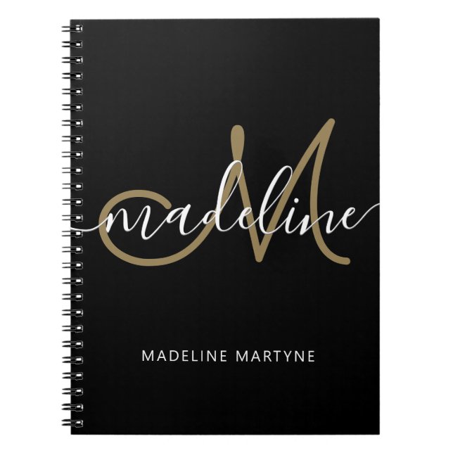 Elegant Script Monogram Black Gold Notebook (Front)