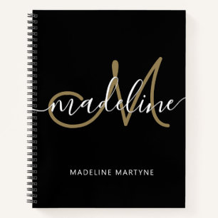 Elegant Script Monogram Black Gold Notebook
