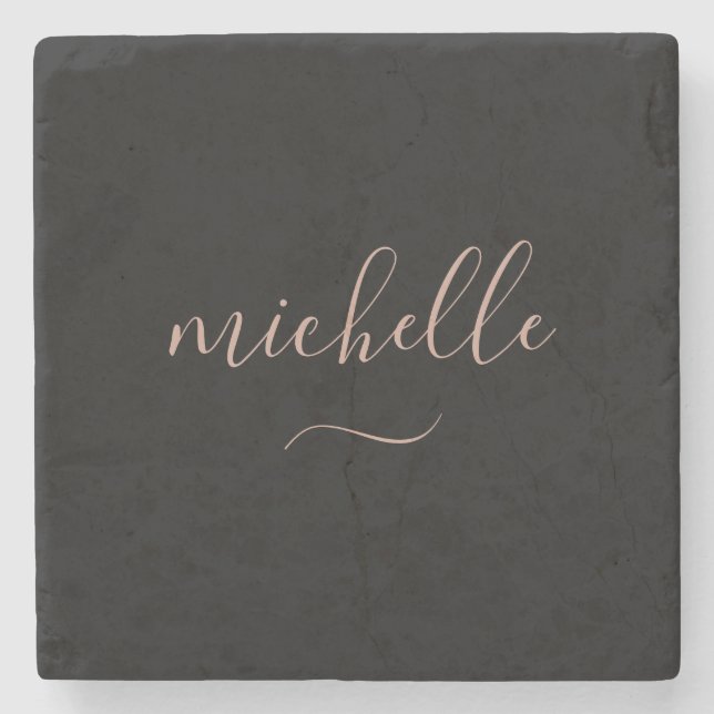 Elegant Script Monogram Black Gold Swash  Stone Coaster (Front)