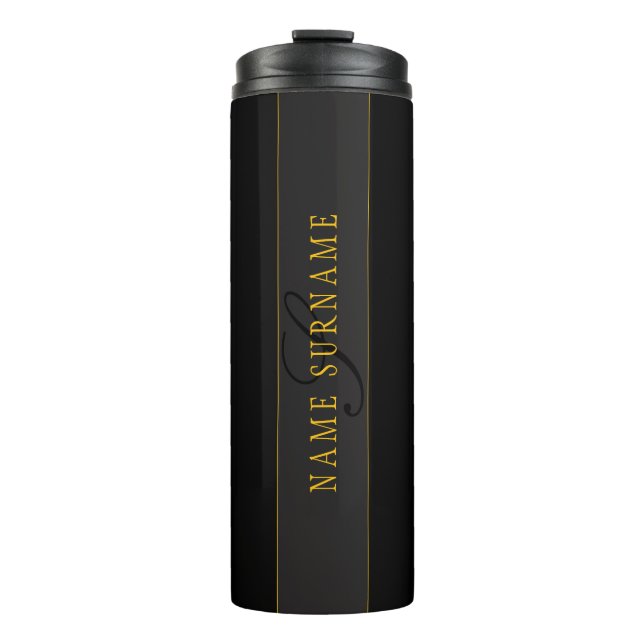 Elegant Script Monogram Black & Gold Thermal Tumbler (Front)
