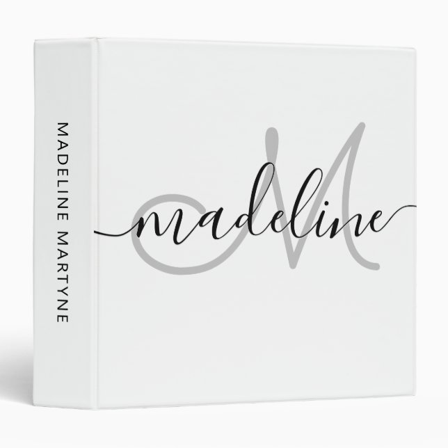 Elegant Script Monogram Black White 3 Ring Binder (Front/Spine)
