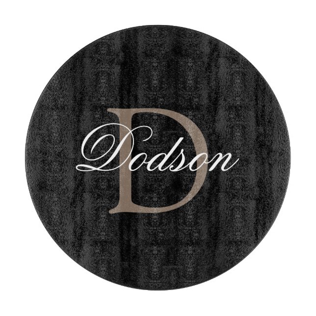 Elegant Script Monogram Black White Custom Name Cutting Board (Front)