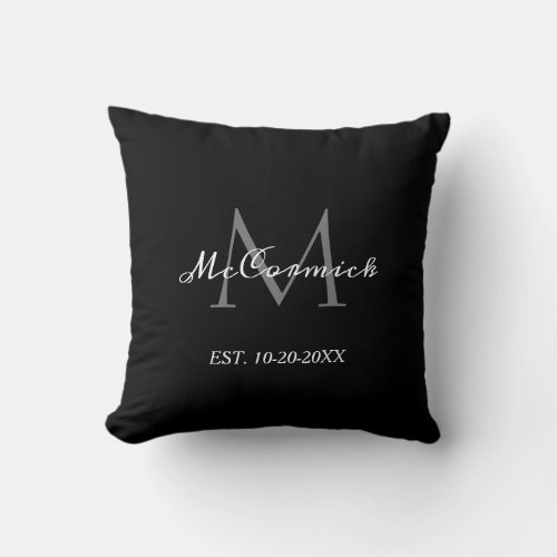 Elegant Script Monogram Black White Newlyweds Throw Pillow