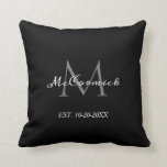 Elegant Script Monogram Black White Newlyweds Throw Pillow<br><div class="desc">Elegant Script Monogram Black White Newlyweds Throw Pillow makes a great keepsake gift idea for a new couple getting married or just married. Customizable black background on both sides of the pillow. The front is designed with large classy grey monogram and last name in white calligraphy script lettering followed by...</div>