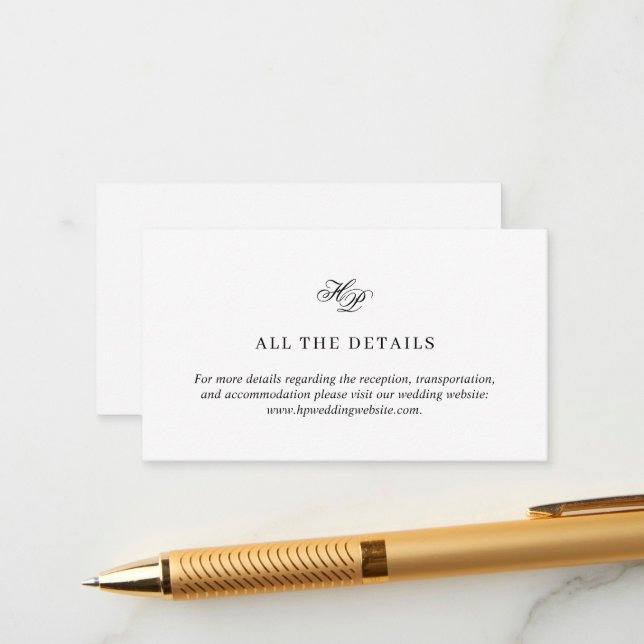 Elegant Script Monogram Black & White Wedding Enclosure Card (Front/Back In Situ)