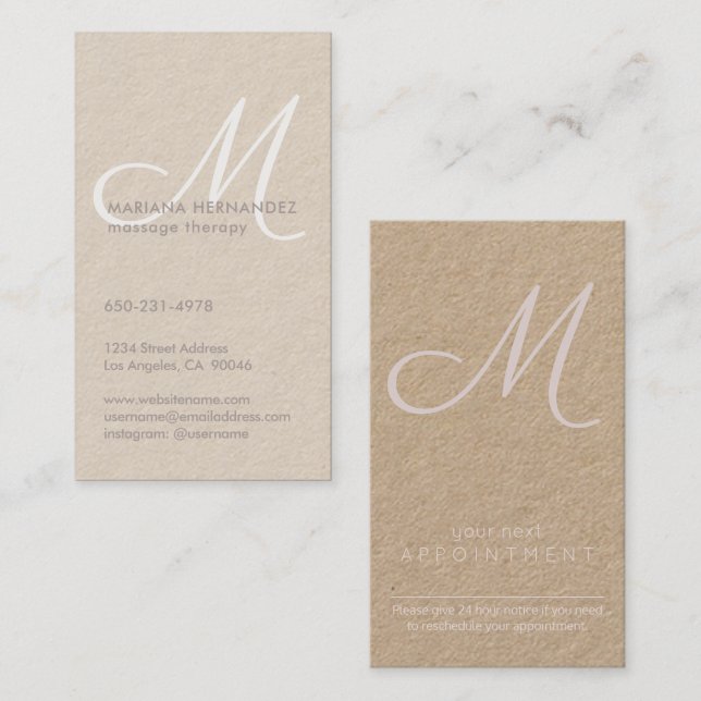 Elegant Script Monogram Blush Pink Kraft Vertical Appointment Card (Front/Back)