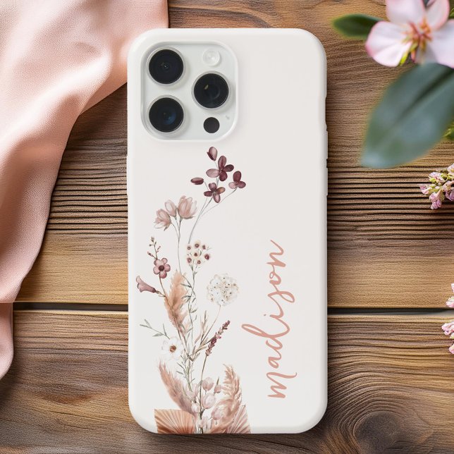 Elegant Script Monogram Boho Wildflower iPhone Case (Creator Uploaded)