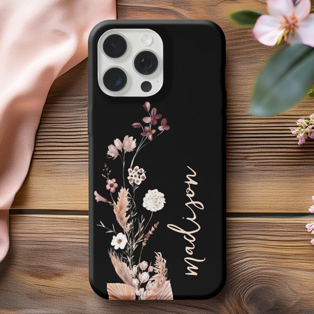 Elegant Script Monogram Boho Wildflower iPhone Case (Creator Uploaded)