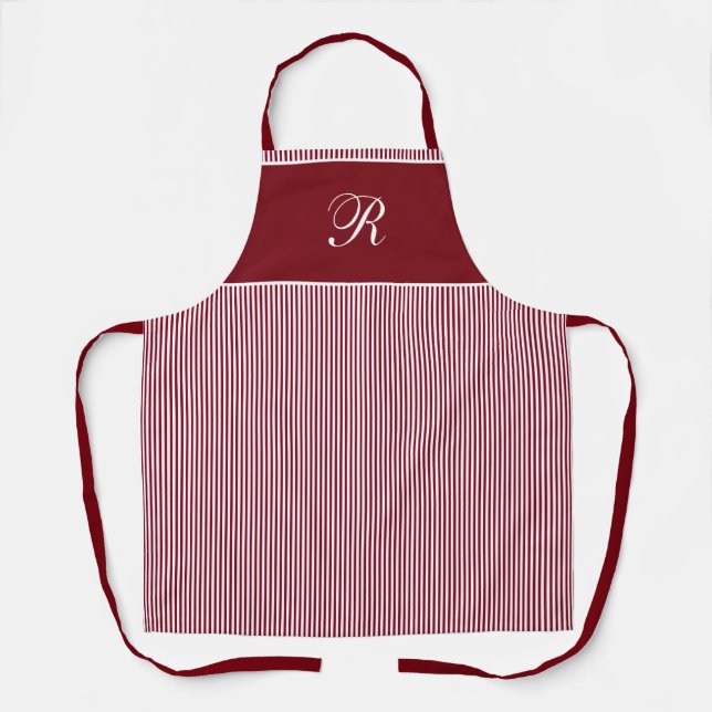 Elegant Script Monogram Burgundy Red Stripe Apron (Front)