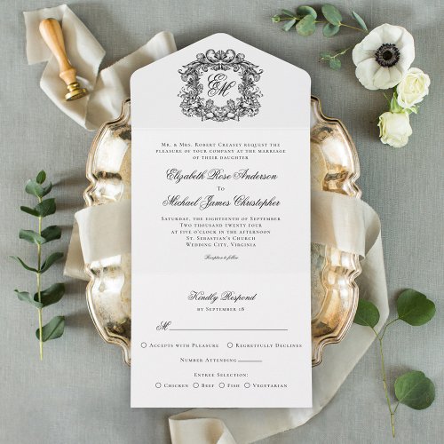 Elegant Script Monogram Crest Wedding All In One Invitation