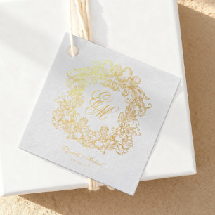 Elegant Script Monogram Crest Wedding Foil Favor Tags