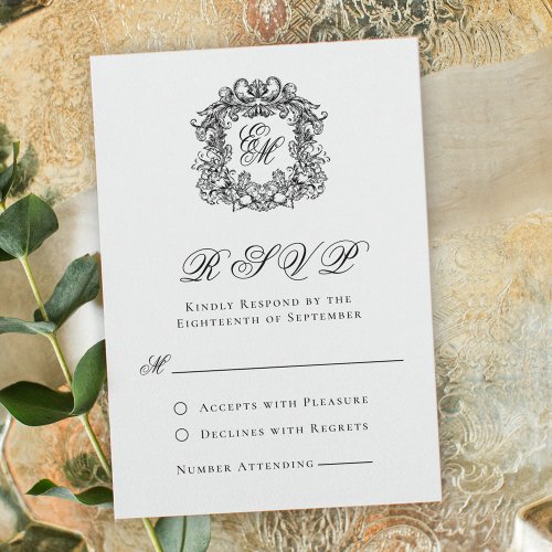 Elegant Script Monogram Crest Wedding RSVP Card