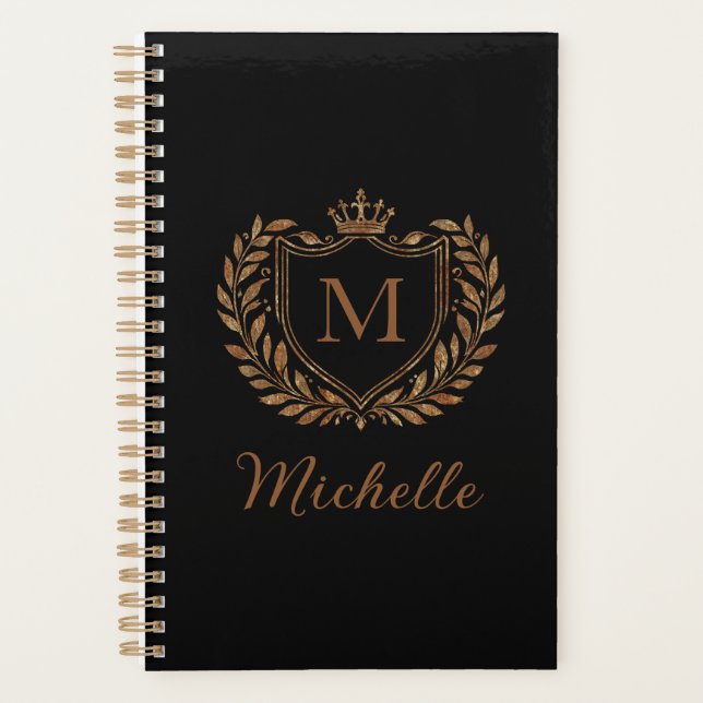 Elegant script Monogram Custom Luxury Black Gold   Planner (Front)