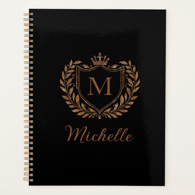 Elegant script Monogram Custom Luxury Black Gold   Planner (Front)
