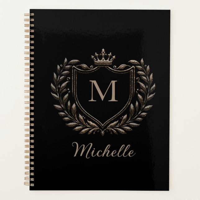 Elegant script Monogram Custom Luxury Black Gold   Planner (Front)