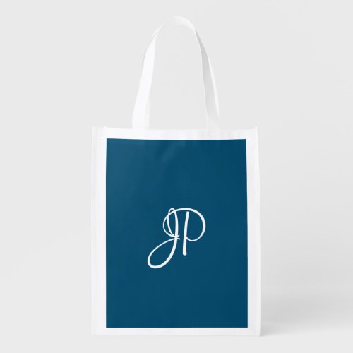 Elegant Script Monogram Custom Template Ocean Blue Grocery Bag