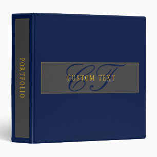 Elegant Script Monogram Dark Navy Blue Grey & Gold 3 Ring Binder