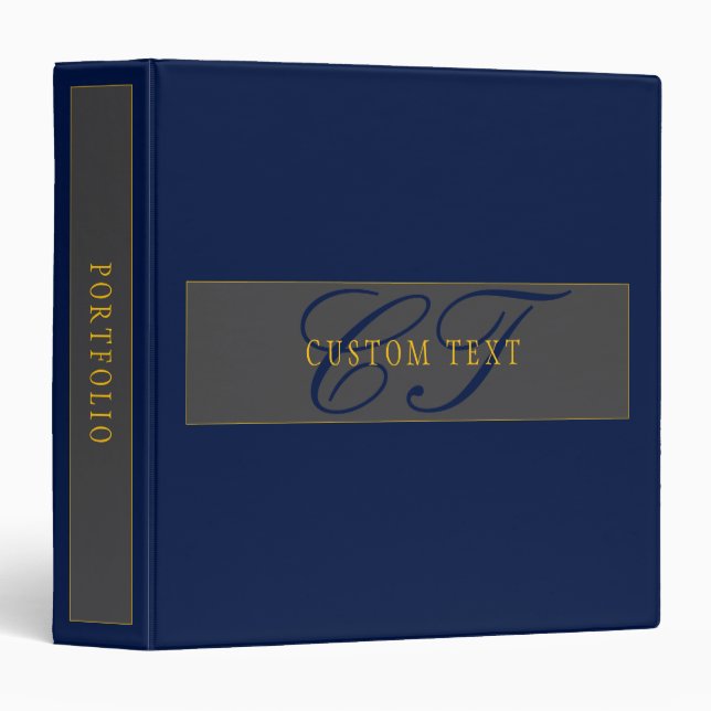 Elegant Script Monogram Dark Navy Blue Grey & Gold 3 Ring Binder (Front/Spine)