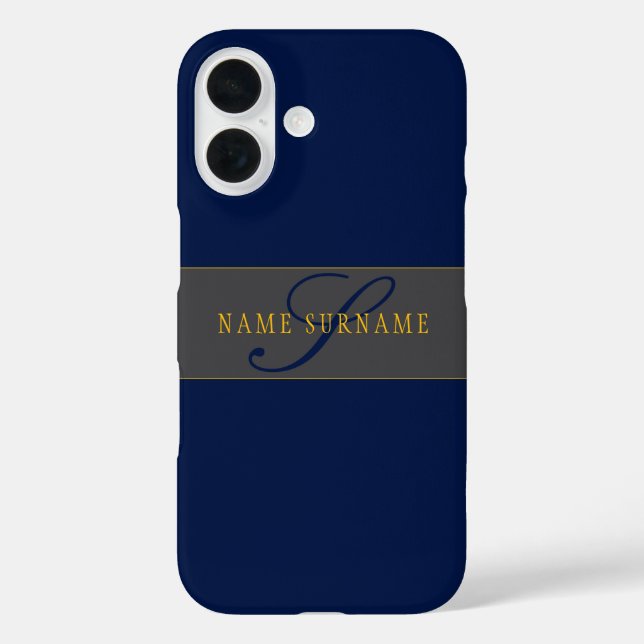 Elegant Script Monogram Dark Navy Blue Grey & Gold Case-Mate iPhone Case (Back)