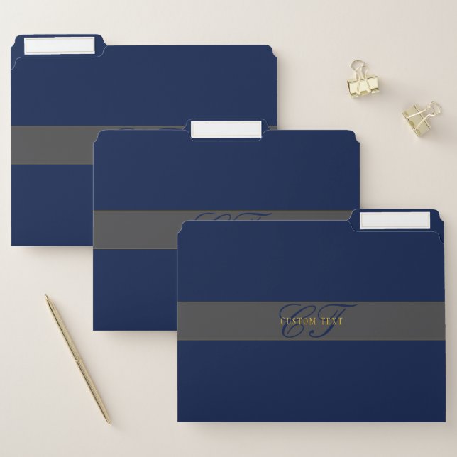 Elegant Script Monogram Dark Navy Blue Grey & Gold File Folder (Set)