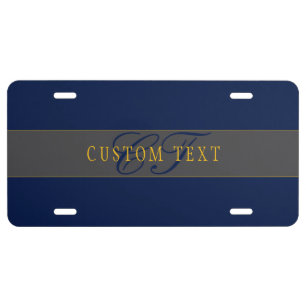 Elegant Script Monogram Dark Navy Blue Grey & Gold License Plate