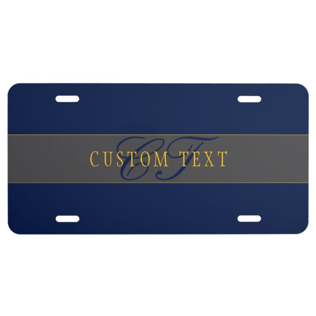 Elegant Script Monogram Dark Navy Blue Grey & Gold License Plate (Front)