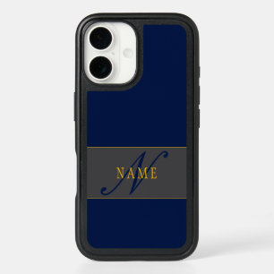 Elegant Script Monogram Dark Navy Blue Grey & Gold iPhone 16 Case