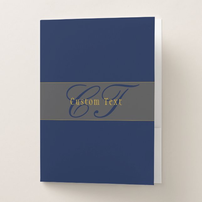 Elegant Script Monogram Dark Navy Blue Grey & Gold Pocket Folder (Front)