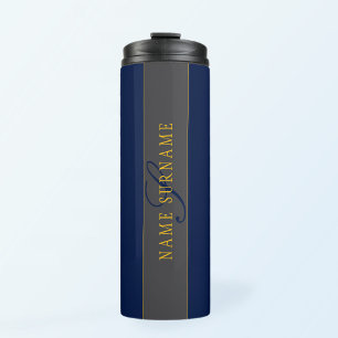 Elegant Script Monogram Dark Navy Blue Grey & Gold Thermal Tumbler