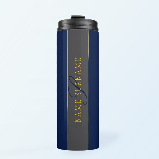 Elegant Script Monogram Dark Navy Blue Grey & Gold Thermal Tumbler (Creator Uploaded)