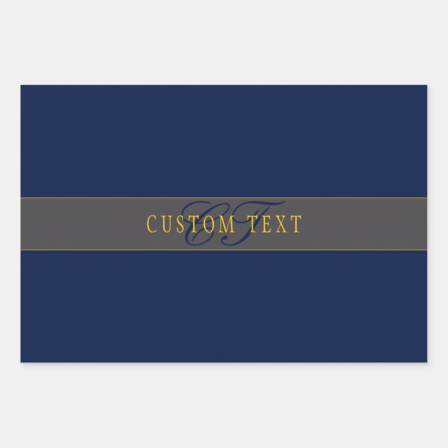 Elegant Script Monogram Dark Navy Blue Grey & Gold Wrapping Paper Sheets (Front)