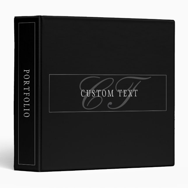 Elegant Script Monogram Editable Black Grey White 3 Ring Binder (Front/Spine)