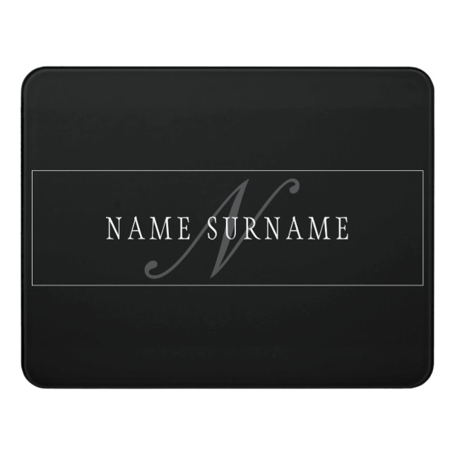 Elegant Script Monogram Editable Black Grey White Door Sign (Contemporary Front)