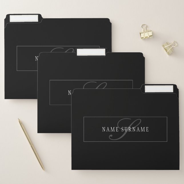 Elegant Script Monogram Editable Black Grey White File Folder (Set)