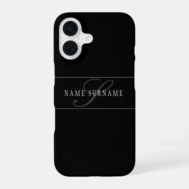 Elegant Script Monogram Editable Black Grey White Iphone Case (Back)