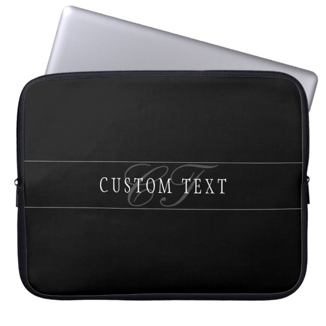 Elegant Script Monogram Editable Black Grey White Laptop Sleeve (Front)
