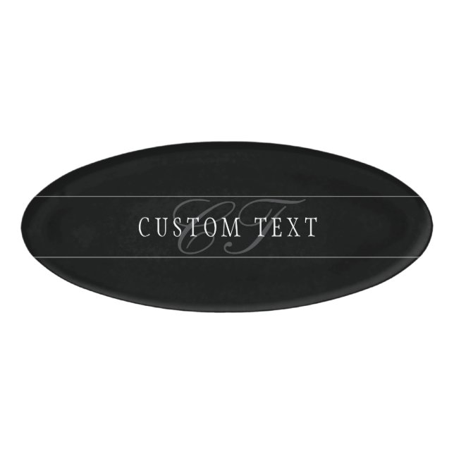 Elegant Script Monogram Editable Black Grey White Name Tag (Front)