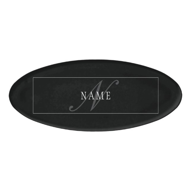 Elegant Script Monogram Editable Black Grey White Name Tag (Front)
