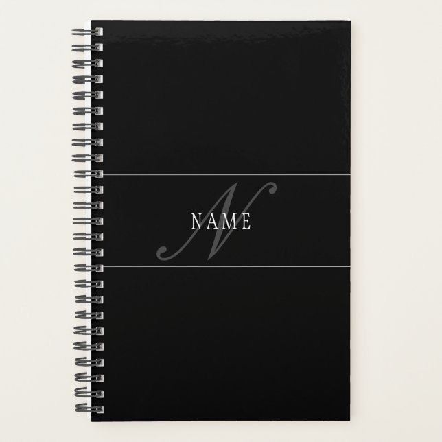 Elegant Script Monogram Editable Black Grey White Planner (Front)