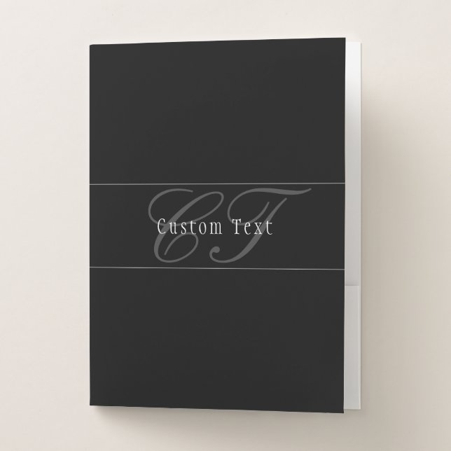 Elegant Script Monogram Editable Black Grey White Pocket Folder (Front)