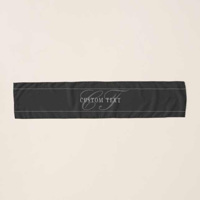 Elegant Script Monogram Editable Black Grey White Scarf (Front (Horizontal))