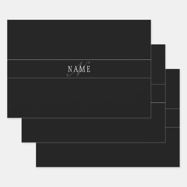 Elegant Script Monogram Editable Black Grey White Wrapping Paper Sheets (Set)