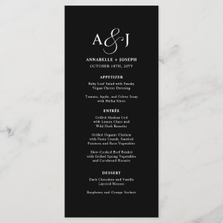 Elegant Script Monogram Formal Black Wedding Menu