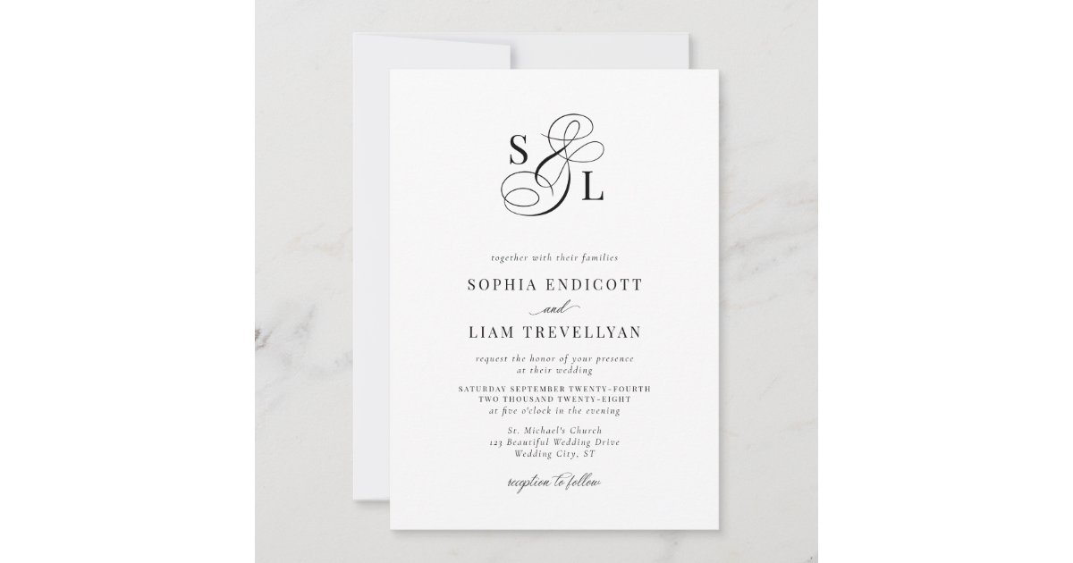 Elegant Script Monogram Formal Wedding Invitation | Zazzle