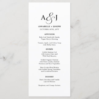 Elegant Script Monogram Formal White Wedding Menu