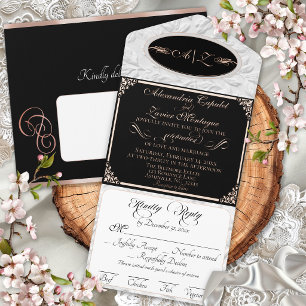 Elegant Script, Monogram & Frame- Black/Rose Gold All In One Invitation