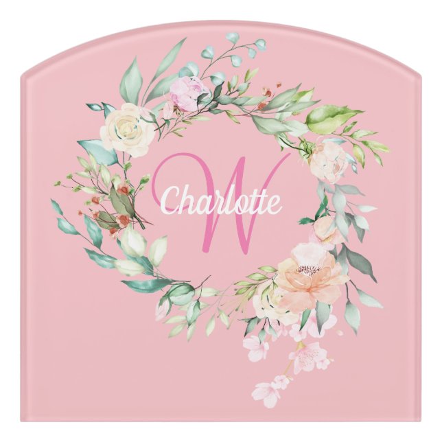Elegant Script Monogram Girly Pink Floral Door Sign (Contour Front)